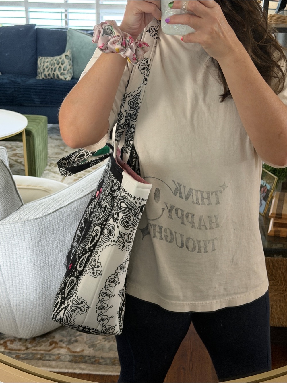 Black & White Quilted Bandana Tote with Pink Embroidery - Picture 8 of 8